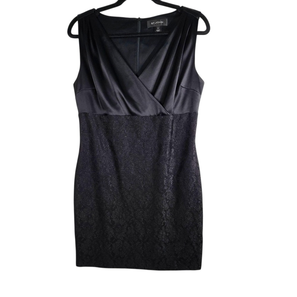 St. John Sheath Dress Womens 6 Black Satin Brocade V-Neck Cocktail Evening